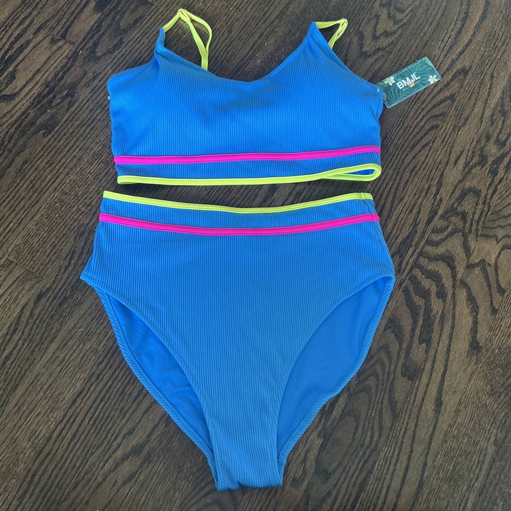 BMJL Swimsuit Ribbed 2 Pcs Blue Neons Colors Size L